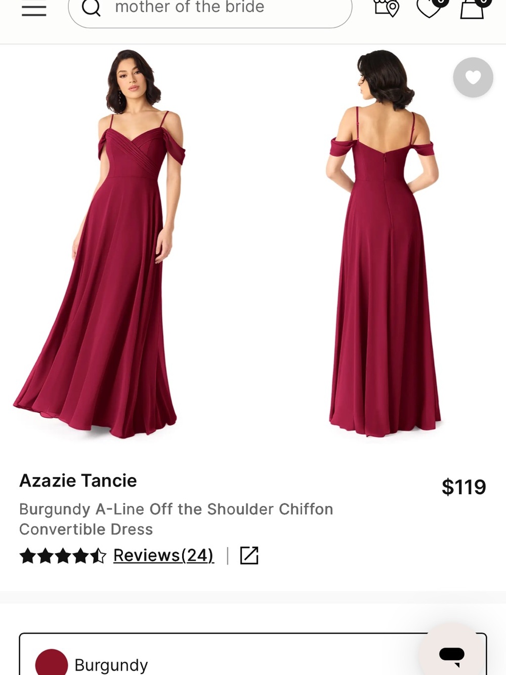 Azazie Burgundy Off-the-Shoulder A-Line Chiffon Maxi Dress